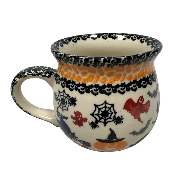 Polish Pottery Halloween Bubble Mugs 3.5" Spooky Ghosts Bats Pumpkins Lot of 4 - Picture 4 of 8